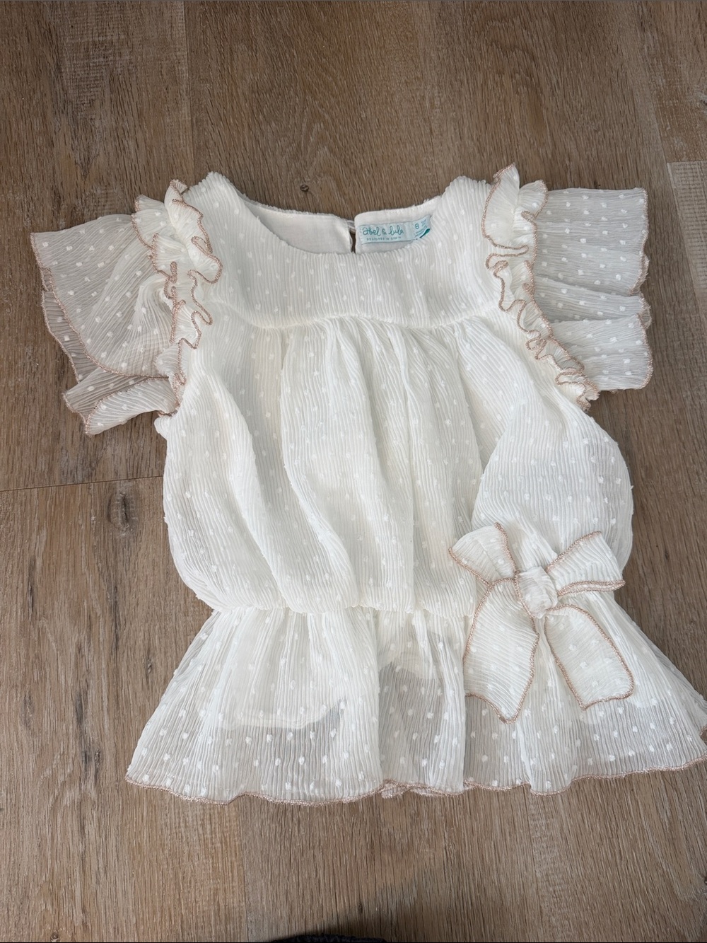 Girls' White Swiss Dot Ruffle Blouse with Contrast Trim